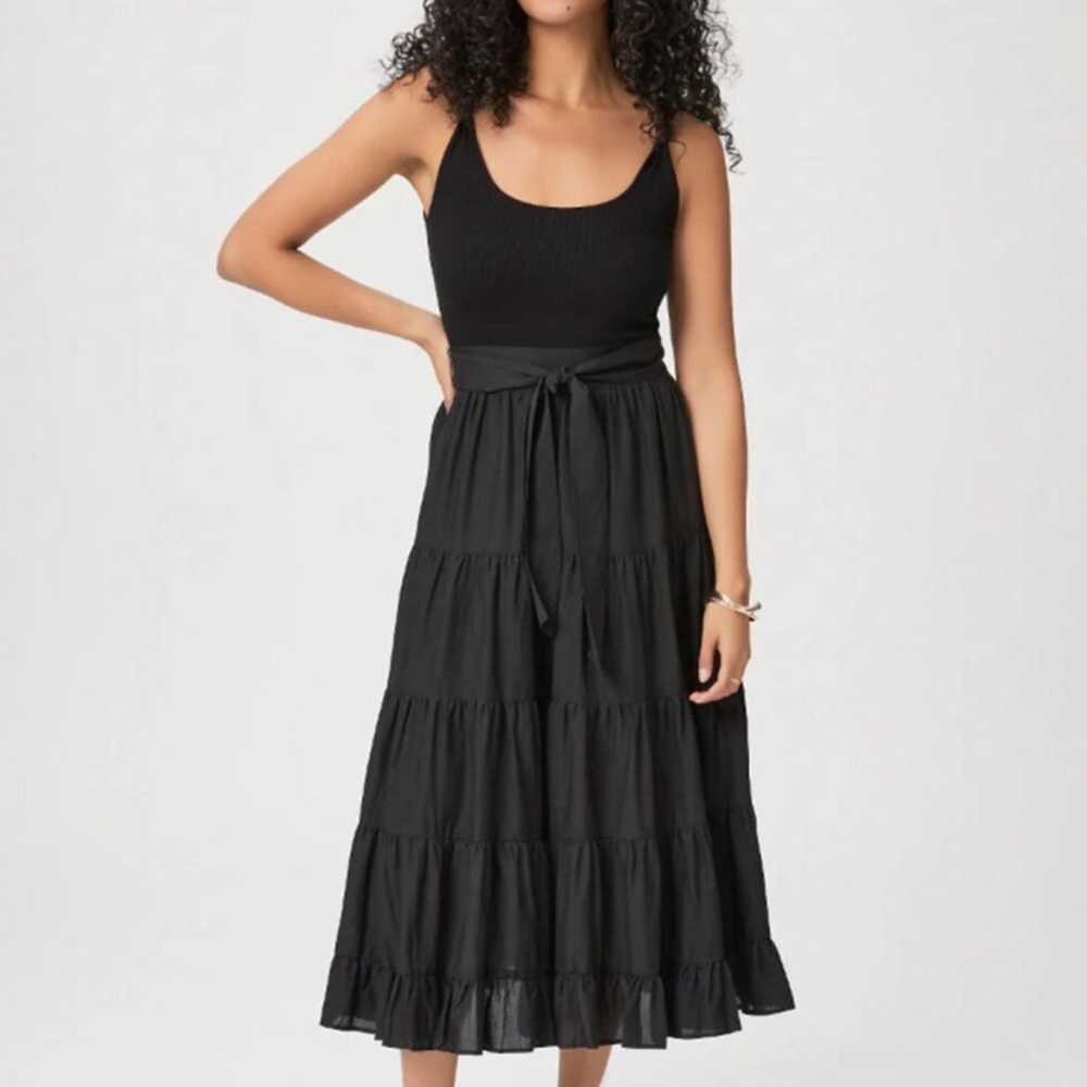 PAIGE Black Tiered Midi Dress with Waist Tie